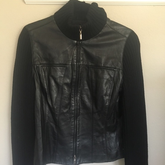 Elie Tahari : Leather and knitted black jacket - Picture 4 of 8